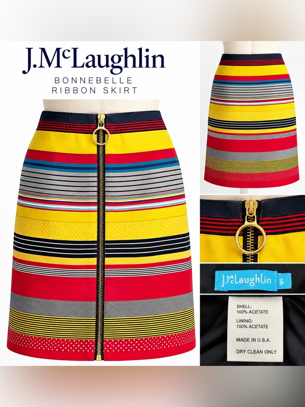 J.McLaughlin Bonnebelle Ribbon Skirt Multicolor Zip Front Size 6